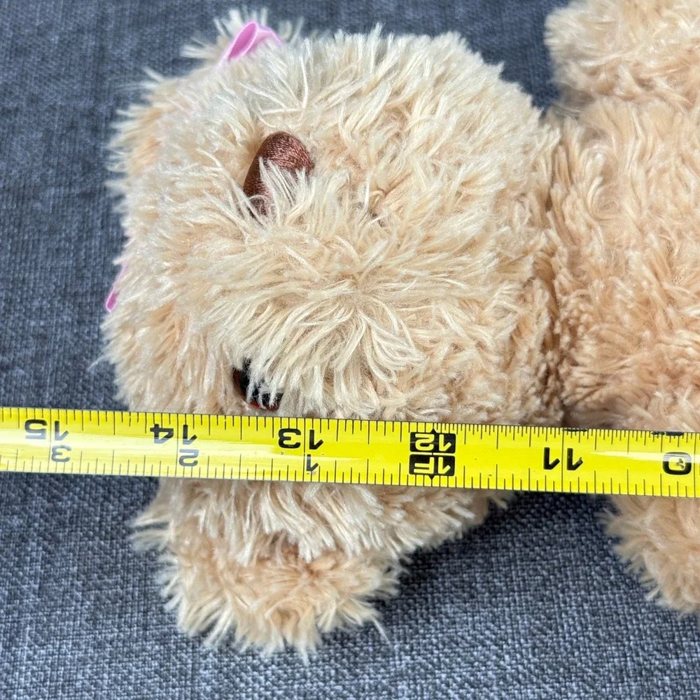FAO Schwarz Teddy Bear Tan Shaggy Plush Pink Bow Embroidered Paw 15 Inch
